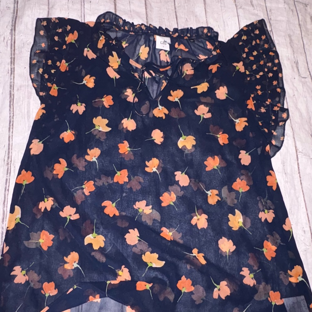 Cabi navy blue orange floral Spring flutter sleeve blouse S - Picture 4 of 6